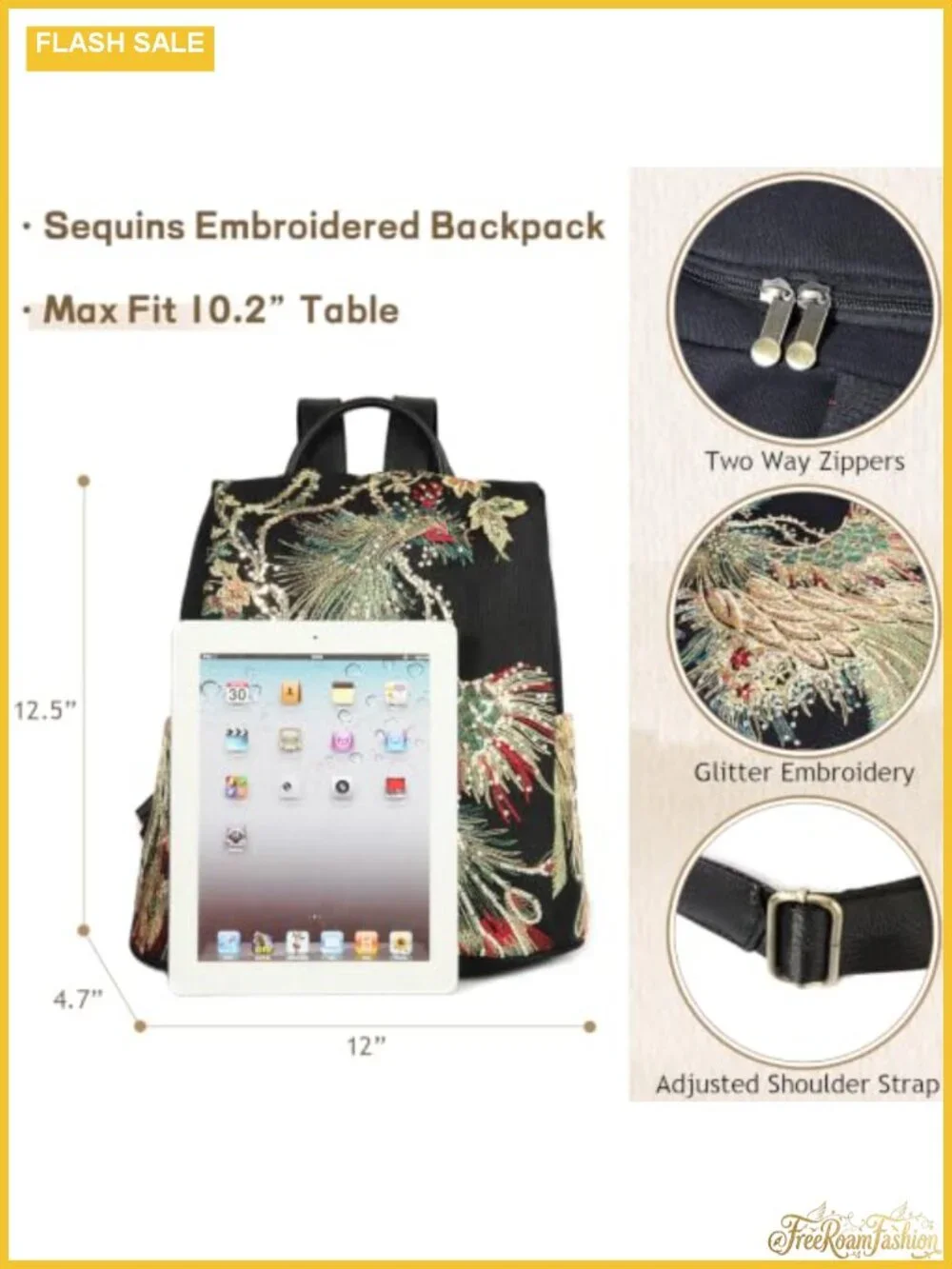 Glitter Embroidery Women Canvas Backpack Purse Anti-theft Rucksack Shoulder Bag